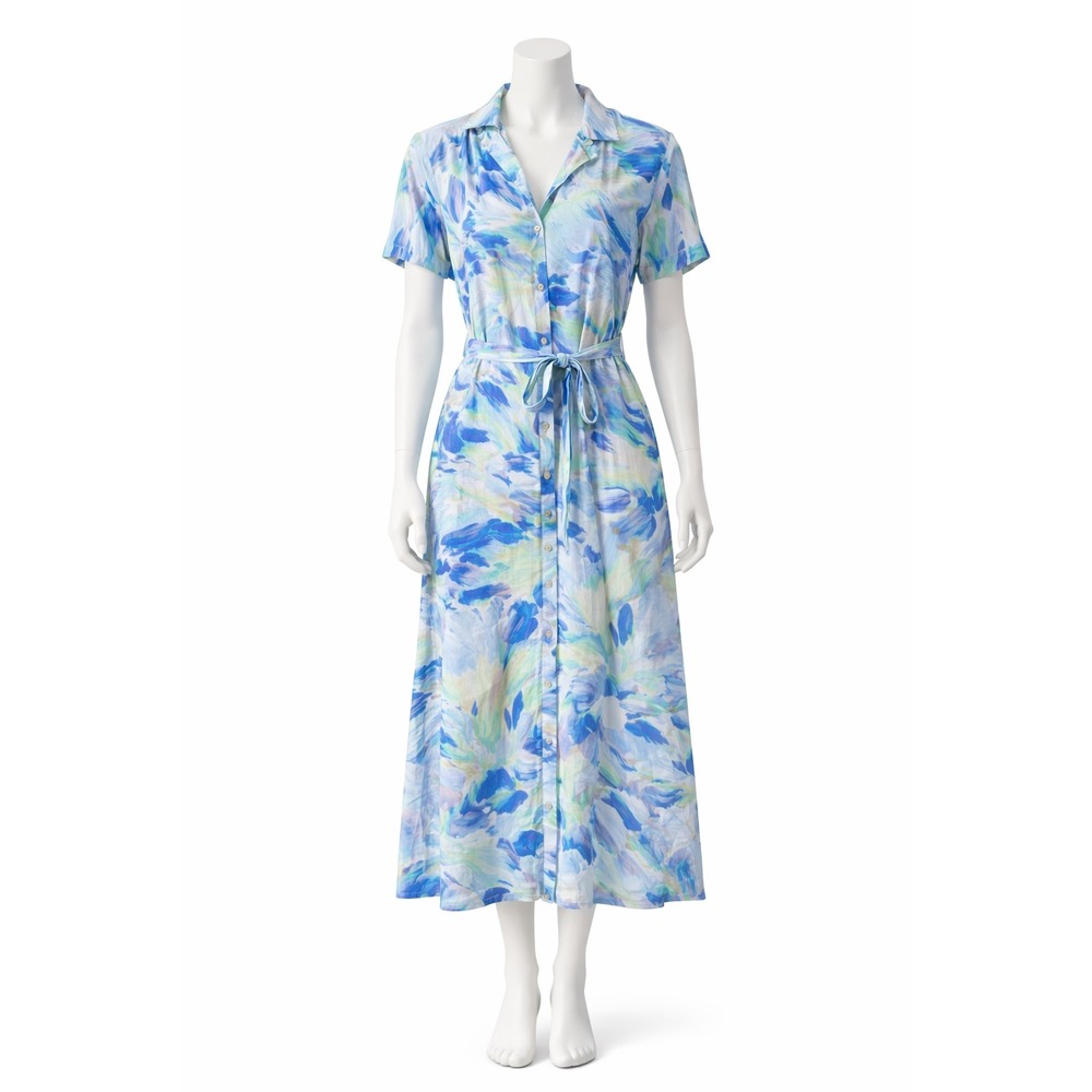 Side Stitch Dress Womens Medium Blue Abstract Floral Rayon Button Front Midi